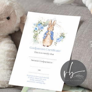 Certificados DIGITAL personalizados de padrino de Peter Rabbit Padrino, Madrina, Padrino, Padrino, Padre guía - 6 descargas Imprimibles