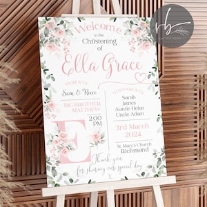 DIGITAL Pink Floral Alphabet Personalised Welcome Sign Christening Sign, Baptism Kids Sign, Baby, Neutral, Pink, Blue, Godparent