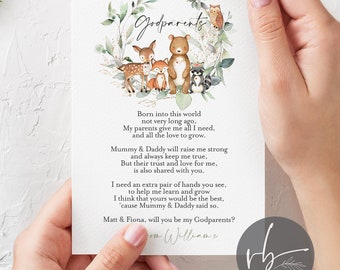 DIGITAL Personalised Woodland Will you be my Godparents poem card, Godmother, Godfather, Godparent, Guide parent - 1 card