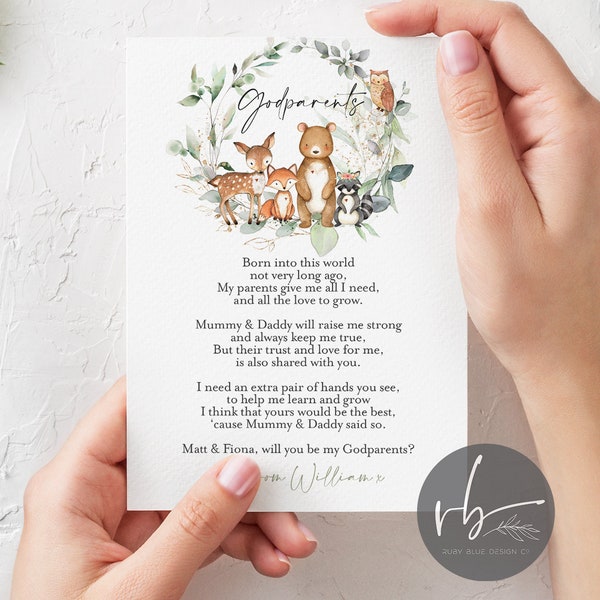 DIGITAL Personalised Woodland Will you be my Godparents poem card, Godmother, Godfather, Godparent, Guide parent - 1 card