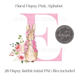 Flopsy Rabbit Pink Floral Aquarell Alphabet PNG, Peter Rabbit 26 Buchstaben, Digitaler Download, druckbar, Pink Floral