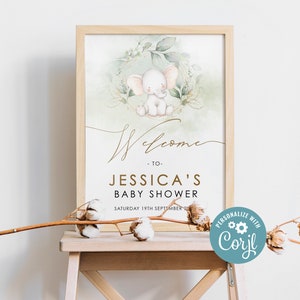 Baby Elephant Baby Shower Welcome Sign, Welcome sign, baby shower sign,Baby Elephant Baby Shower, Greenery baby shower, Printable sign