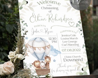Baby Animals hot air balloon Welcome Sign Personalised Christening Sign, Baptism Kids Sign, Baby, Neutral, Godparent Names