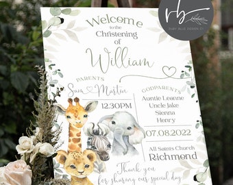 Baby Safari Animals Personalised Welcome Sign Christening Sign, Baptism Kids Sign, Baby, Neutral, Godparent Names