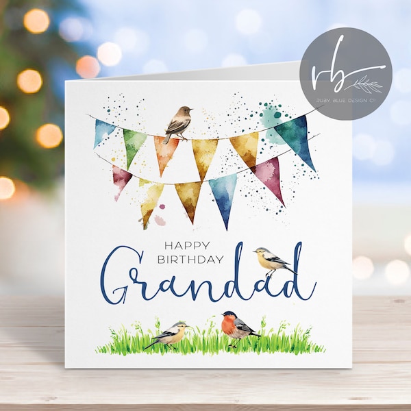 Grandad Birthday Card, Grandad, Grandfather, Bunting, Birds, Garden Birthday Card