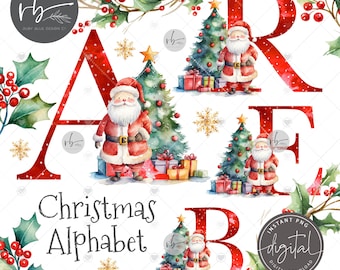 RED CHRISTMAS Alphabet Watercolour Alphabet PNG Santa Father Christmas Clipart Christmas Graphics Digital Download Printable