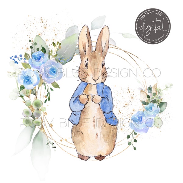 Peter Rabbit BLUE Floral PNG, Peter Rabbit Wreath Design, Card, Tag, Poster, Clipart, Digital Download, Printable, Floral Wreath