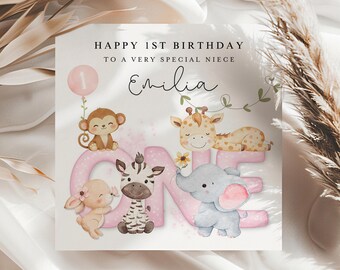 1st Birthday Card for Niece, First Birthday Card For Girl, Cute Pink Baby Animals Woodland Baby Animals, Personalised Cute Card