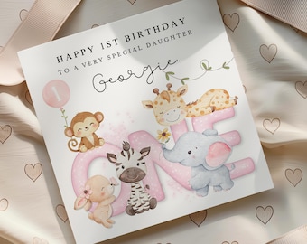1st Birthday Card for Daughter, First Birthday Card For Girl, Cute Pink Baby Animals Woodland Baby Animals, Personalised Cute Card