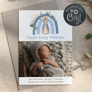 EDITABLE Peter Rabbit Photo Birth Faire-part Imprimable, Modifiable, Téléchargement instantané Peter Rabbit Template, CORJL