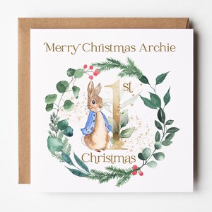 Blue Rabbit First Christmas Card, personalised, Bunny Rabbit 1st Christmas, Baby First Christmas Card,Wreath, Blue Rabbit Christmas Card image 2