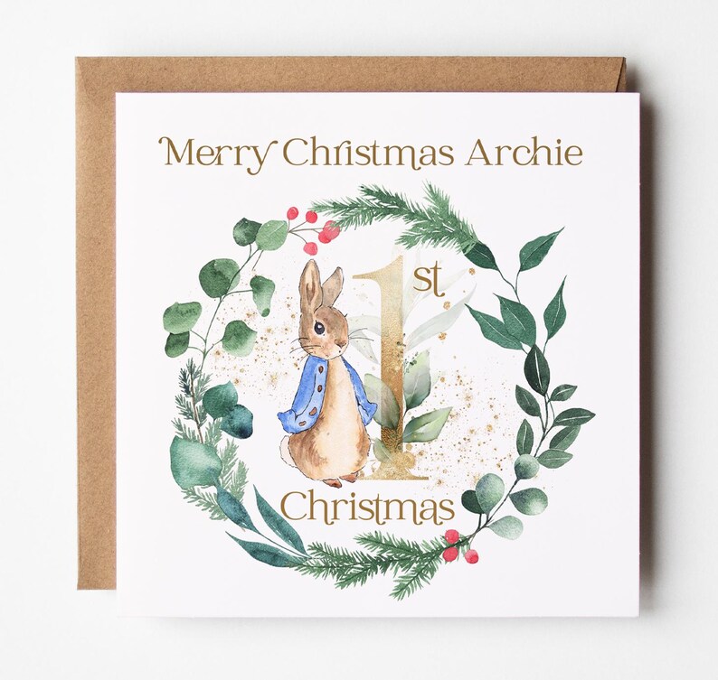 Blue Rabbit First Christmas Card, personalised, Bunny Rabbit 1st Christmas, Baby First Christmas Card,Wreath, Blue Rabbit Christmas Card image 2