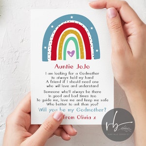 DIGITAL Rainbow Bright ¿Serás mi tarjeta de poema de propuesta de padrinos, Madrina, Padrino, Padrino, Padre guía, Hada Madrina