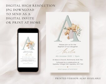 Digital Personalised Classic Bear Initial Invites Electronic version kids neutral christening baptism naming day Invites send digitally