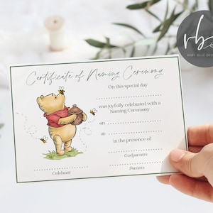DIGITAL Plantilla de certificado de ceremonia de nombramiento de Winnie the Pooh Certificado de ceremonia de nombramiento de padrinos del día del nombramiento imprimible y descargable