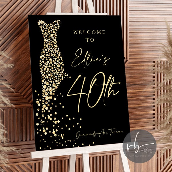 DIGITAL Glitz & Glam Personalised Welcome Sign Gold or Silver Effect Glitter Dress Welcome Board Sign Birthday Event