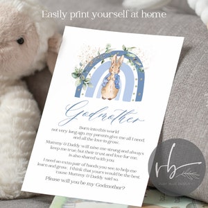Peter Rabbit Digital JPG/PDF Você será minha madrinha, design de Peter Rabbit, batizado, batismo, download digital instantâneo, para impressão