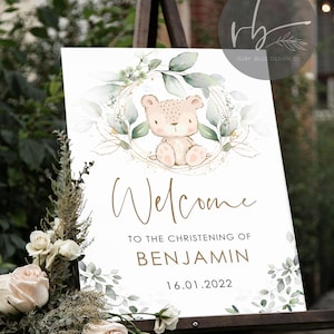 DIGITAL Personalised Teddy Welcome Sign Christening Welcome Sign, Baptism Kids Sign, Teddy Bear Wreath Neutral Welcome Sign