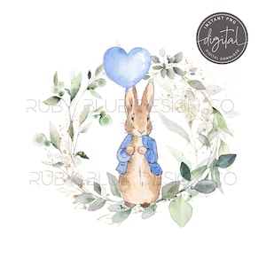 Peter Kaninchen blau Herz Ballon Kranz PNG, Peter Rabbit, digitaler Download, druckbare, blaue Ballon