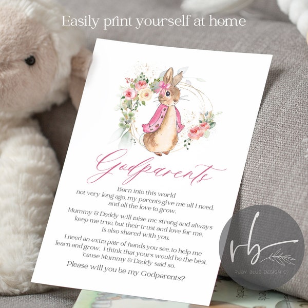 Flopsy Rabbit Digital JPG/PDF Will You Be My Godfather Card, Peter Rabbit Design, Christening, Baptism, Instant Digital Download, Printable