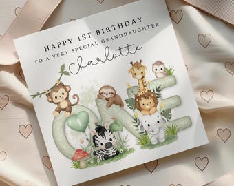 1st Birthday Card Granddaughter ,First Birthday Card For Girl, Safari Animals Woodland Baby Animals, Personalised Cute Card