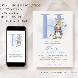 May include: Digital christening invitation with a watercolour illustration of a rabbit in a blue jacket holding a cross, and the letter "H" in blue. The invitation reads "Please join us for the Christening of our son Henry".