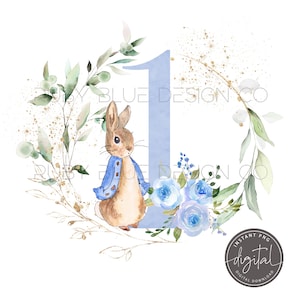 Peter Rabbit 1 ° compleanno PNG, Peter Rabbit Blu Corona floreale Acquerello Design, Design scheda, Download digitale istantaneo, Stampabile