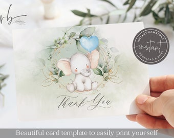 Baby Boy Elephant Thank You Cards, Printable, Instant Download, Baby Shower, Digital Image Template, Folded Card