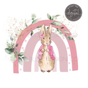 Flopsy Kaninchen Regenbogen grün Laub Gold PNG, Peter Rabbit Regenbogen Design, Karte, Tag, Poster, Clipart, digitaler Download, druckbare, Regenbogen