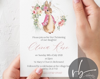 Digital Personalised Pink Rabbit Floral Christening Invitations, Electronic version Bunny Rabbit Invites