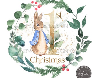 Peter Rabbit 1st Christmas PNG, Peter Rabbit Faux Gold Foliage Design, Card Design, Tag, Digital Download, Printable, Christmas Wreath