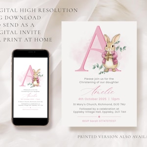 May include: A digital christening invitation with a watercolour illustration of a bunny holding a cross, set against a pink 'A'. The invitation includes the text "Please join us for the Christening of our daughter Amelie" and event details.