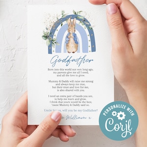 Carte EDITABLE Peter Rabbit Rainbow Godparents, serez-vous mes parrains imprimables, modifiables, téléchargement instantané modèle de poème, CORJL