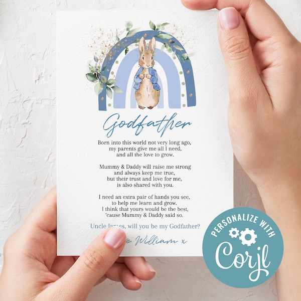 EDITABLE Peter Rabbit Rainbow Godparents card, will you be my godparents printable, editable, instant download poem Template, CORJL