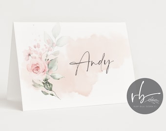 Personalised Pink Floral watercolour Cards Wedding Party Birthday Folded Double Sided Text