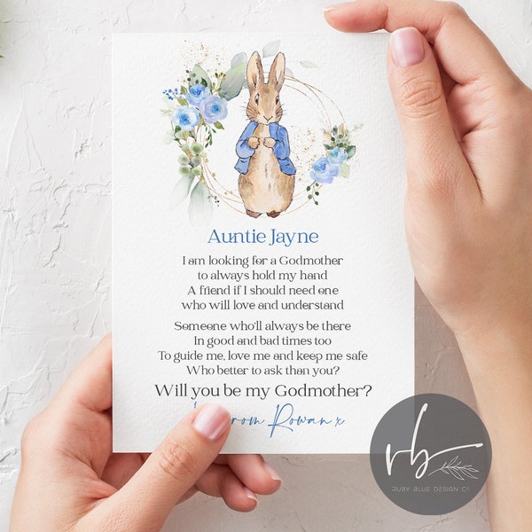 DIGITAL Peter Rabbit Will you be my Godparents proposal poem card, Godmother, Godfather, Godparent, Guide parent, Fairy Godmother  - 1 card