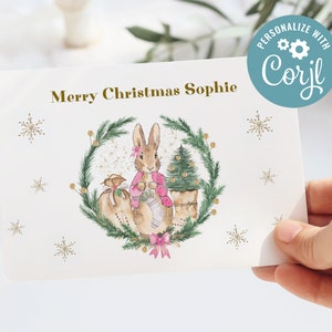Carte de Noël Flopsy Bunny Peter Rabbit, modèle modifiable, carte de note plate et pliée, texte modifiable, téléchargement immédiat, CORJL