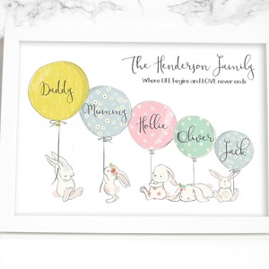 Digital Family print, Bunny, Balloons, New Home Gift, Couple Gift, Engagement Gift, Download