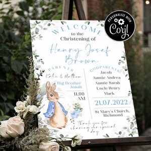 Cartello di benvenuto digitale Peter Rabbit MODIFICABILE, CANVA, Battesimo, Stampabile, Modificabile, Modello di invito con download immediato, CANVA