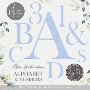 Pastel Blue Watercolour Alphabet & Numbers PNG Clipart Wedding PNG Graphics Monogram Digital Download Printable, Blue