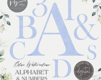 Pastel Blue Watercolour Alphabet & Numbers PNG Clipart Wedding PNG Graphics Monogram Digital Download Printable, Blue