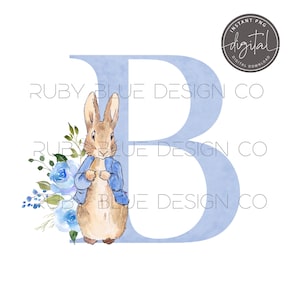 Buchstabe B Peter Rabbit Blaues Blumen Aquarell Alphabet PNG, Peter Rabbit 1 Buchstabe, digitaler Download, bedruckbar, blau floral