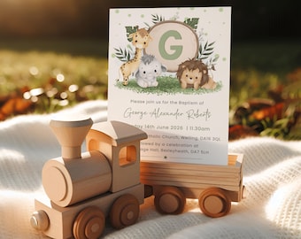 Personalised Baby Safari Animals Initial Alphabet Christening Invitations, Invites Kids Rabbit, envelopes included