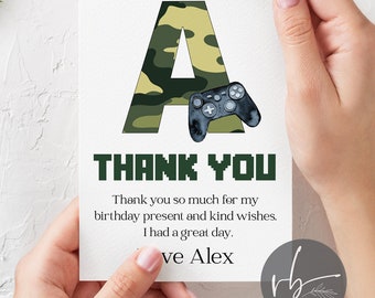 Digital Gamer Camo Initial Personalised Thank You Cards, Thank You Note Cards, Gaming Controller Thank You Note Cards, Envelopes Included