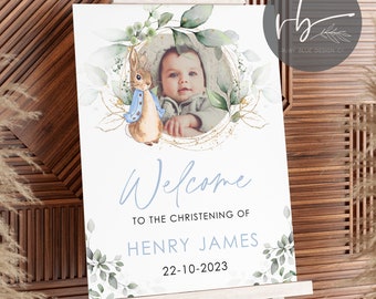 Digital Photo Personalised Welcome Sign Christening Welcome Sign, Baptism Kids Sign, Baby Peter Rabbit Print, Baby