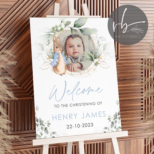 Foto digital personalizado signo de bienvenida bautizo signo de bienvenida, bautismo niños signo, bebé Peter Rabbit impresión, bebé