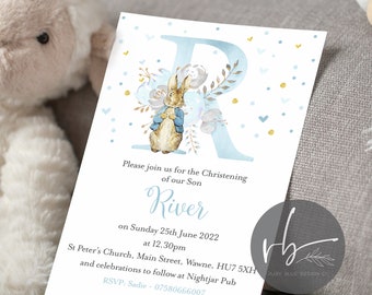 Digital Personalised Blue Bunny Rabbit Initial Christening Invitations, Bunny Rabbit Invites Blue or Pink Rabbit, digital download