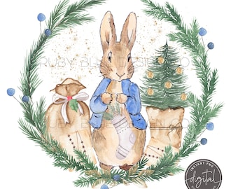 Blue Rabbit Christmas PNG, Bunny Rabbit Wreath Design, Card, Tag, Digital Download, Printable, Christmas Wreath