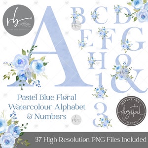 Pastel azul floral acuarela alfabeto & números PNG clipart boda PNG gráficos monograma digital descargar imprimible, azul floral