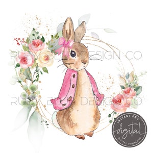 Peter Rabbit Flopsy rosa Floral PNG, Peter Kaninchen Kranz Design, Karte, Tag, Poster, Clipart, digitaler Download, druckbare, Blumenkranz